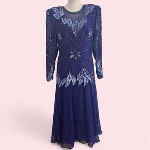 leg Cassini Silk Beaded Sequin Navy Formal Gown — Plus Size 18